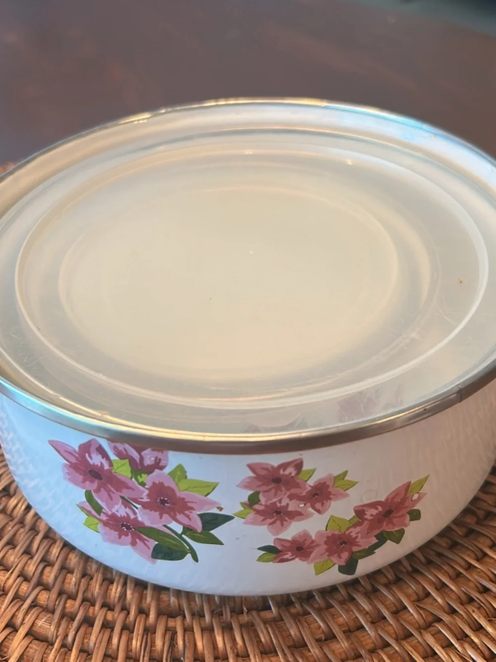 Stackable White Floral Storage Bowls with Lids -  enamel finish see callout pic